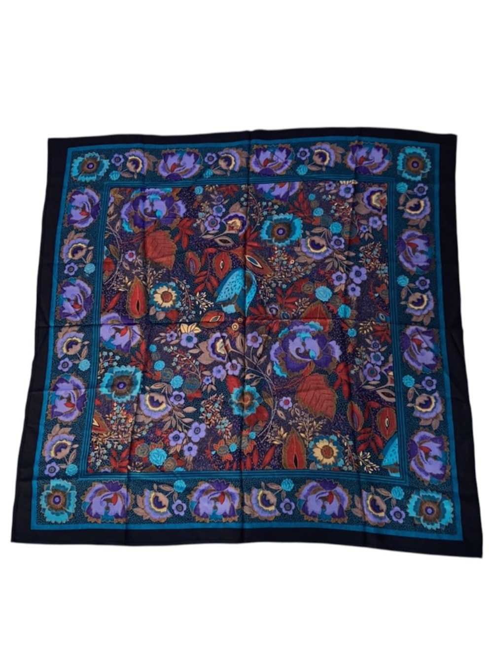 Boho Jewel Tones Floral Square Scarf 33” Multicolor Teal Purple Black Midweight